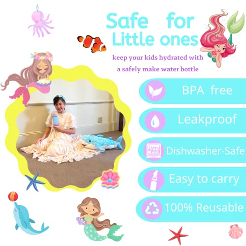 Pulito + Kids Water Bottle - 16.9 Oz Leak Proof Water Bottles With Straw For Kids, Tritan ,Bpa-Free ,One-Touch Button & Soft Carrying Loop, Design Kids Bottle With Mermaid Princess Stickers #TOP1