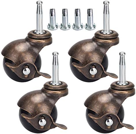 DICASAL 2" Swivel Stem Antique Gold Ball Casters Wheels Hooded Caster with 5/16" x 1-1/2" Mounting Wood Stem & Socket Pack of 4 (with Brakes)
