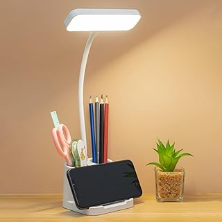 Caffney Desk Lamps with 2 Pen Holder and Phone Holder 3 Color Modes Eye-Caring Reading Light USB Table Lamp Touch Control Flexible Desk Lights for Office Bedroom Study