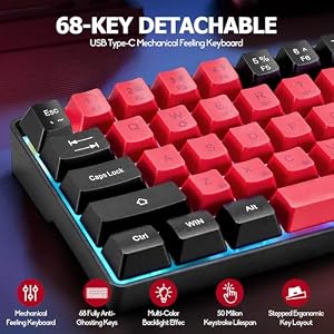 Wired Portable 60% Mechanical Feeling Gaming Keyboard, RGB LED Backlit Compact 68 Keys Mini Wired Office Keyboard for Windows Laptop PC Mac Gamer, Typist, Travel on Business Trip- Red and Black — photo 6 of 6