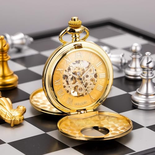 Image of ManChDa Mechanical Roman Numerals Dial Skeleton Pocket Watches with Luxury Wooden Box and Chains for Mens Women