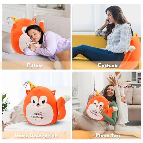 Image of Easfan 12'' Birthday Fox Plush Pillow Soft Fox Plush Toy Cute Fox Stuffed Animal Home Room Decoration Birthday Gift for Kids Adults,Orange, EF0087 Fox