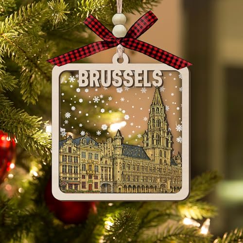 Brussels Wooden Christmas Ornament, 2-Layer Wood and Acrylic Decoration with Grand Place City Hall and Snowy Winter Scene, Holiday Souvenir Gift for Travelers and Locals