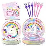 96 Pcs Unicorn 4th Birthday Party Decorations 350 GSM Disposable Rainbow Unicorn Plates and Napkins Tableware Set for Girls Unicorn Themed 4th Birthday Party Baby Shower Supplies Decorations Serves 24