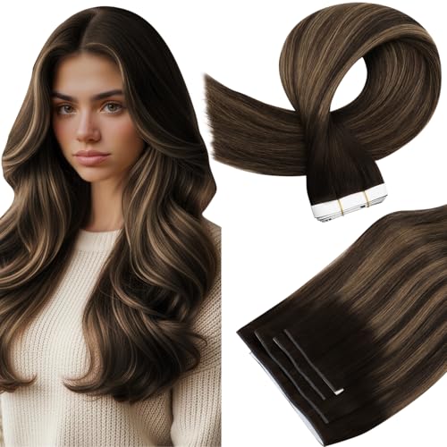 Image of Full Shine Tape in Weft Hair Extensions, Dark Brown Highlight Mix 18 Inch | 90g 4 PCS, Invisible Tape in Hair Extensions Human Hair, Hand Tied Weft, Natural Flow, Soft Movement, Party Hairstyles
