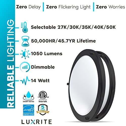 Luxrite 10 Inch Led Flush Mount Ceiling Light, 5 Color Selectable 2700K | 3000K | 3500K | 4000K | 5000K, Dimmable, Modern Ceiling Light Fixture, 14W, 1050 Lumens, Energy Star, Etl Listed, Matte Black #TOP6