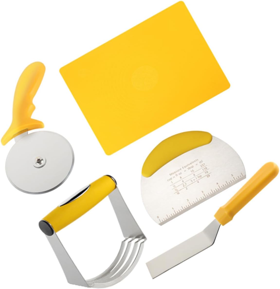 SEWACC 5pcs Stainless Steel Pizza Shovel Cutter Wheel with Silicone Kneading Dough Mat Scale, Manual Dough Chopper Kitchen Cooking Tool Set for Baking and Pizza Preparation