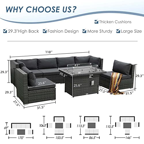 Modern Patio Furnitures Outdoor Sectional Pe Wicker Sofa Sets With Waterproof Steel Frame & Thicken Charcoal Cushions & Csa Aproved Aluminum Propane Fire Pit Table 55000 Btu (Wicker Gray-7 Pcs) #TOP3