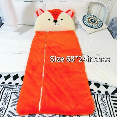 Sleeping Bag With Pillow, Nap Mats for Kids, Sleeping Bag for Kids, Slumber Bag, Animal with Pillow, Happy, Orange Fox, 68''*24''