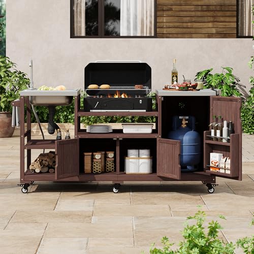 Image of Merax 75.4 inch Outdoor Grill Table for Big Green Egg, Outdoor Grill Cart with Sink, Solid Wood Grill Station Prep Table with with Stainless Steel Tabletop and Storage for Pizza Prep & BBQ,Brown