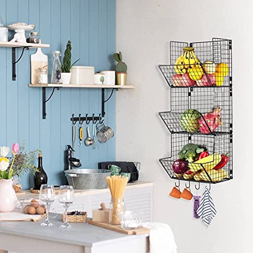 Hombasing Wall Mounted Wire Fruit Basket, 3 Tier Wire Hanging Fruit Basket For Kitchen, Bathroom Wall Storage Basket Organizer With 6 Hanging Hooks, Fruit Shelves For Kitchen, Pantry Wall #TOP4