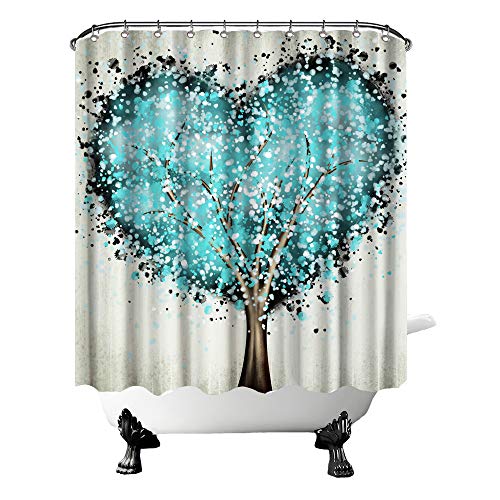 Fushvre Teal Heart Shower Curtain Tree Of Life Love Theme Bath Curtain Beige Waterproof Fabric Bathroom Decor 12 Plastic Hooks Included 72"X 72" #TOP14