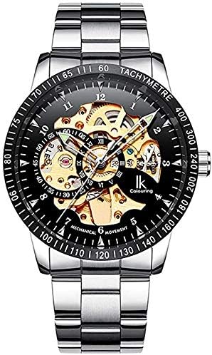 IK Men's Watch Skeleton Automatic Mechanical Wristwatch, Silver Golden Dial Tachymeter Black Stainless Steel Casual Steampunk Watch - Black