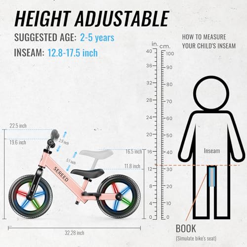 Image of SEREED Toddler Balance Bike 2 Year Old, No Pedal Kids Bicycle Toys for 2-5 Years Old, Tool-Free Adjustment, Customize Plate with Stickers, Gift for 2-3 Boys Girls (Pink Lighting)