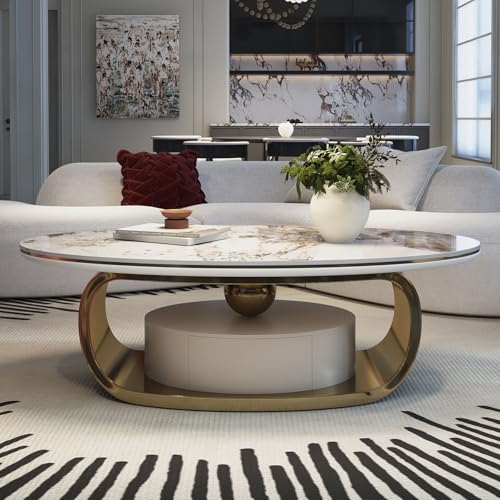 Modern Oval Stone Coffee Table with Sturdy Metal Base -