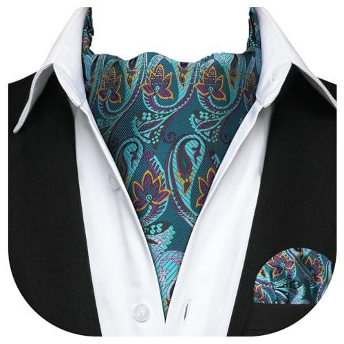 HISDERN Ascot Homme Turquoise et Mouchoir Mariage Cravate Ascots à Motif Cachemire Élégant Foulard Soie pour Hommes et Carré de Poche