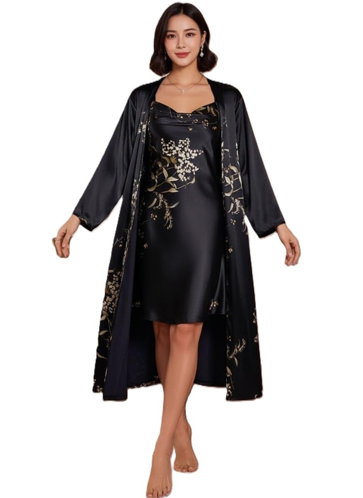 for you for me Women's Satin Chemise and Robe Set, Floral Print, Sleepwear Two-Piece-picture-7