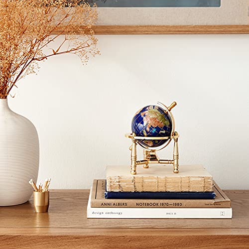 Globe terrestre de table bleu lapis océan pierre précieuse 15,2 cm trépied or Unique Art