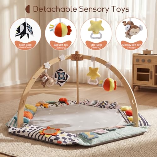 Baby Play Gym Activity Mat, 6 Developmental Zones Wooden Tummy Time Mat with 7 Detachable Sensory Toys for Motor Skill & Sensory Development, Baby Toys Gift for Toddler Infant 0-6-12-18 Month - Thumbnail 2
