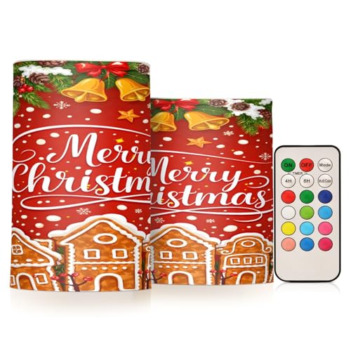 Image of Flickering Flameless Candles, Christmas Gingerbread Holly Berry Bell LED Candles with Remote Timer, Set of 2 Battery Operated Candle for Valentine Wedding Birthday