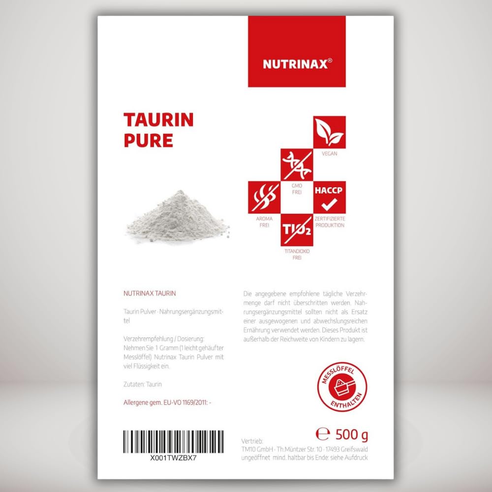 Poudre de taurine | Acide aminé | Hautement dosé | 500 g de L-taurine pure | Végétalien | Sans additifs | Dans un sac zippé pratique
