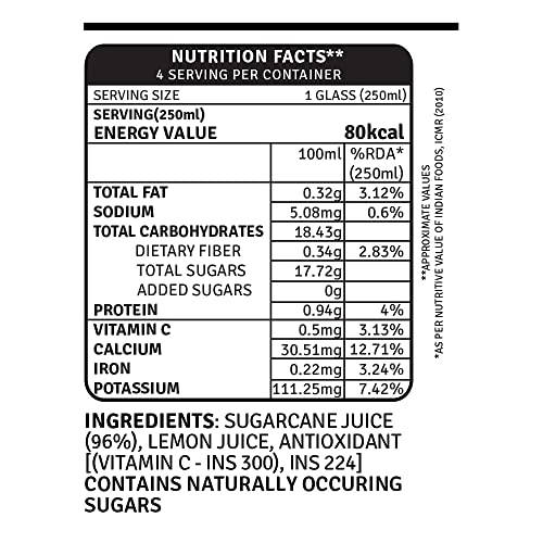 Image of Raw Pressery Sugarcane Juice (4 x 1000ml) Rich in Vitamins & Minerals, Natural Energizer & Immunity Booster, Healthy Juice, No Added Sugar