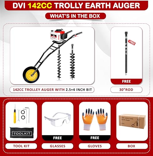Image of DVI 142CC Trolley Earth Auger Machine, 4-Stroke Petrol Engine - with 2.5 Inch + 4 Inch Double Spiral Planter Bits & Free Extension Rod | for Plantation, Fencing & Post Hole Digging in All Soil Types.