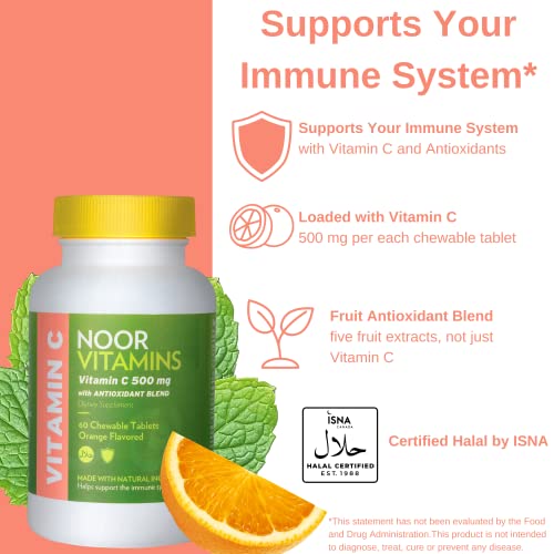 Noor Vitamins 500 Mg Halal Vitamin C Chewable Tablets + Rose Hips And Antioxidants I Supports Immune System I Vegan, Gluten Free & Halal Vitamin 60 Orange Flavored Chewable Tablets I 2 Month Supply #TOP3