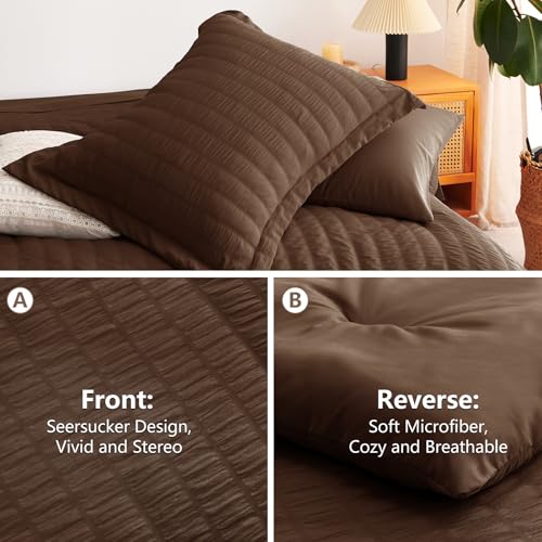 Image of CozyLux Full Size Comforter Sets Brown, 7 Pieces Seersucker Textured Luxury Bed in a Bag, All Seasons Soft Bedding Sets with Down Alternative Comforter, Sheets, Pillowcases & Shams, Bedroom Bed Set