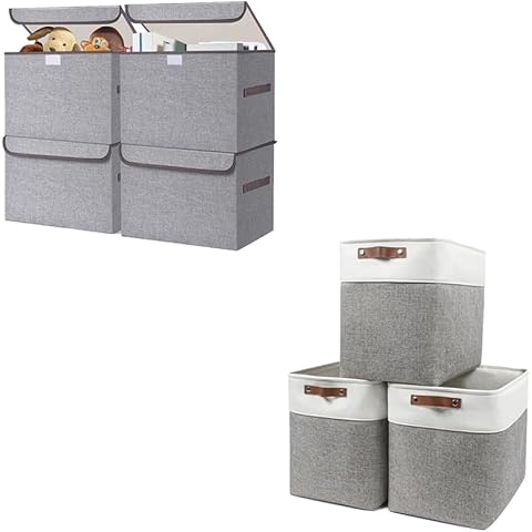 Bagnizer Fabric Storage Bin with Lids 14.6 x 9.5 x 9.5” [4 pack]+ Linen Storage Basket 17 x 12 x 15”[3 pack] (White&Grey) Cover