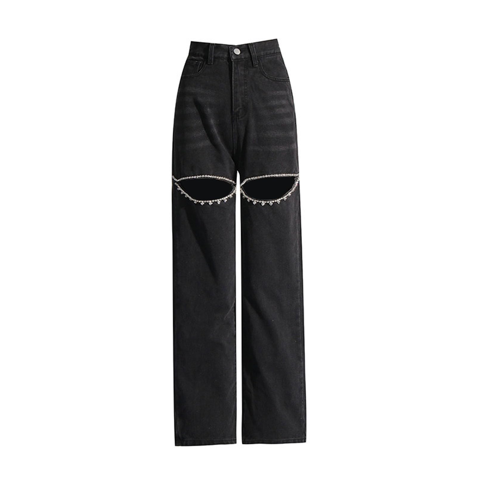 Jeans da donna strappati, a gamba larga, con elastico in vita, pantaloni sportivi lunghi per bambini, adolescenti, ragazze, Y2k, streetwear, jeans, vintage, cargo, con tasche