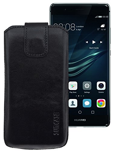 Suncase Original Etui Tasche für Huawei P9 | mit ZUSÄTZLICHER Hülle/Schale/Bumper *Lasche mit Rückzugfunktion* Ledertasche Schutzhülle Hülle Hülle in schwarz | Inkl. TPU