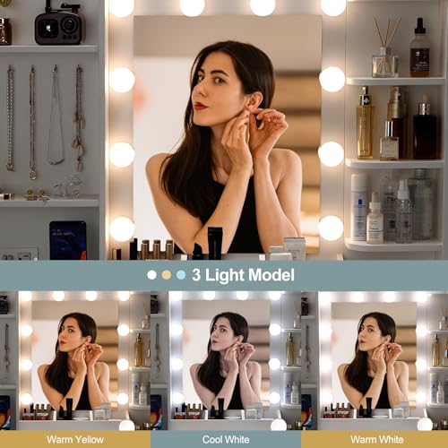 GarveeHome Vanity Desk with Mirror, Makeup Vanity Table with Chair & Charging Station, Dressing Table with Drawers & Storage Shelves, Vanity Table Set for Bedroom Dressing Room, 3 Lighting Modes