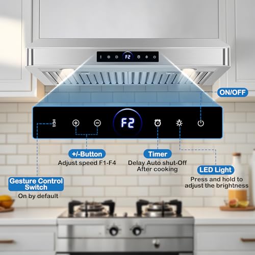 Image of 30 inch Under Cabinet Range Hood 1200 CFM with 4-Speed Gesture Sensing & Touch Control, Stainless Steel Kitchen Stove Vent Hoods with 2 LED Lights, Time Setting, Dishwasher-Safe Baffle Filters