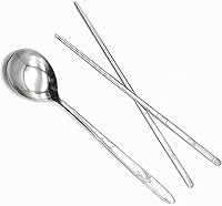 Vista 6 de SUPIA Cubertería tradicional coreana de acero inoxidable cucharas y palillos juego de vajilla con mano larga, reutilizable (tortuga plateada)