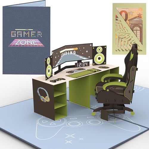 Sweetpopup 3D Pop-Up Karte Gaming PC Mit extra Geldgeschenk Verpackung Perfekt für Gamer Geburtstag und Glückwunsch Ideal als Gutscheine z.B. Nintendo Steam Playstation Xbox (Level Up 040)