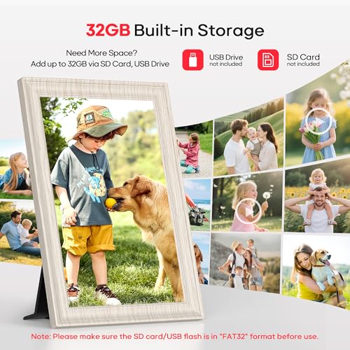 Image of Frameo 10.1 inch WiFi Digital Picture Frame with 32GB Memory, 1280 x 800 IPS HD Touch Screen Electronic Photo Frame, Auto-Rotate, Slideshow, Share Photos /Video Remotely Anywhere White Wood Grain