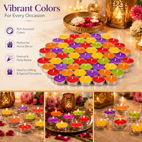 Image of Bindian Candle Tealight Candles, 100% Paraffin Wax Candles for Decoration, Smokeless Tea Light Candle 100 pcs for Home Decor, Diwali, Wax Candles 1-1.5 Hour Burn Time (Pack of 100 Multicolor)