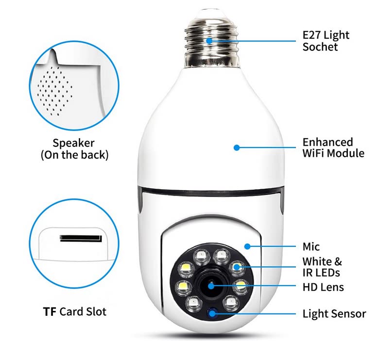 Telecamera di Sicurezza con Lampadina, Presa E27 da 2 MP Visione Notturna a Colori 5G WiFi Monitor da Soffitto Telecamere per Interni Ed Esterni, Grandangolo a 360 Gradi