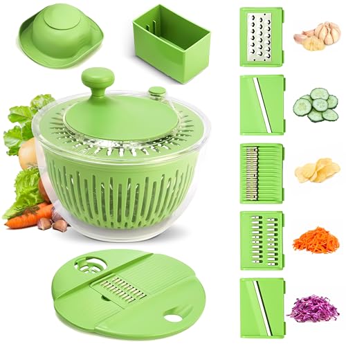 5-in-1 Salad Spinner Large with Lid Vegetable Washer and Dryer Fruit Cleaner Vegetable Chopper & Slicer with 5 Blades, 5 Qt Lettuce Spinner Strainer Shredder Bowl Egg Yolk Separator for Easy Meal Prep