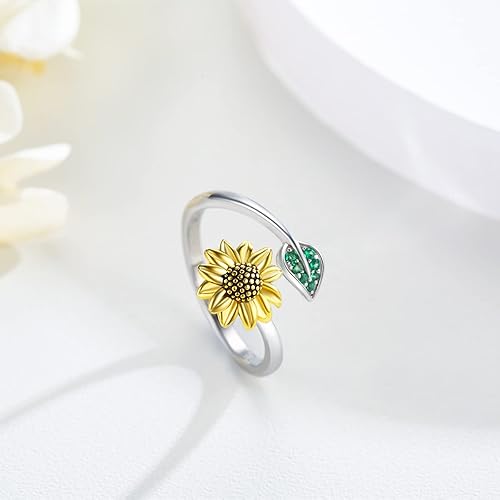 Vista 5 de Anillo de plata de ley con girasol, anillo de plata de ley con girasol, anillo abierto ajustable, circonita cúbica, girasol You are My Sunshine