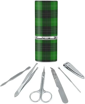 Plaid Green Gray Grey Pattern Stainless Steel Manicure Pedicure Grooming Beauty Care Travel Kit