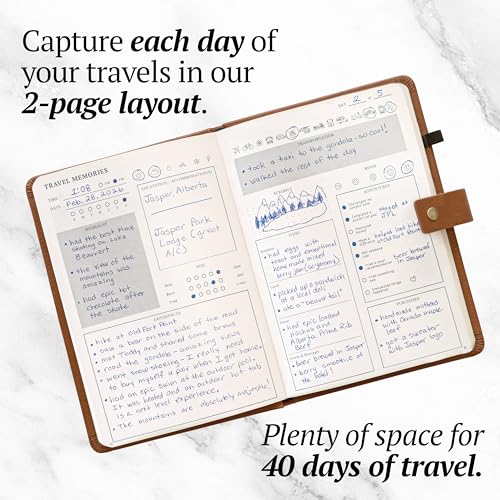 Image of Travel Journal with Prompts (Hardcover) 2nd Edition - Vegan Leather Adventure Essential - 2-Page-A-Day Travel Journal (40 Days) for Women Men Nonbinary - A5 Daily Diary & Traveler Notebook - Gift - Present