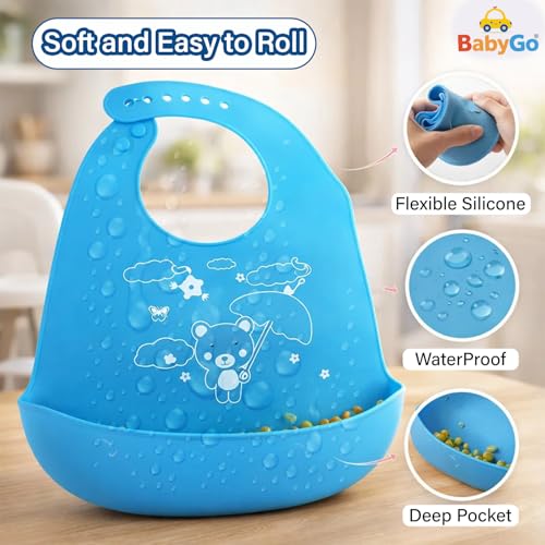 Image of BabyGo Silicone Baby Bib for Feeding & Weaning Infants & Toddlers |Waterproof, Washable & Reusable | Adjustable, Lightweight & Foldable Bib with Food Catcher Pocket |Light Blue (Pack of 1)