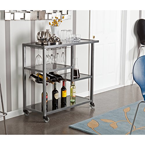 Sei Furniture Zephs Metal And Tempered Glass Locking Castor Wheels Bar Cart, Gunmetal, Black #TOP1