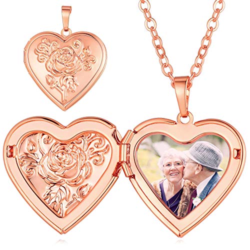 Personalized Locket Necklace for Women,Heart Shaped Rose Gold Locket Necklace That Holds Pictures Custom with Chain 20 Inches,Memorial Keepsake Vintage Locket Engraved Picture Gifts for Girls