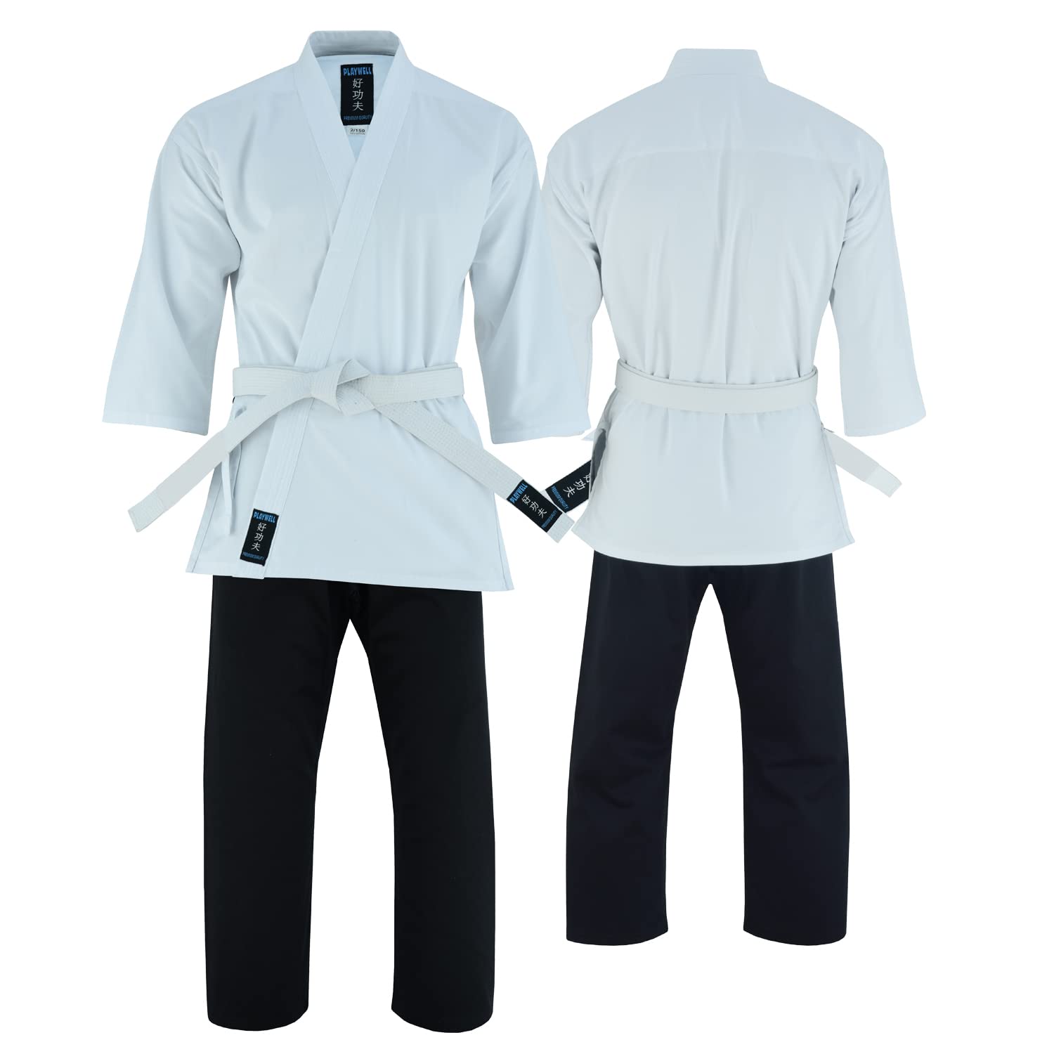 Playwell Traje de uniforme de karate de peso medio con chaqueta blanca y pantalones negros, 9 onzas