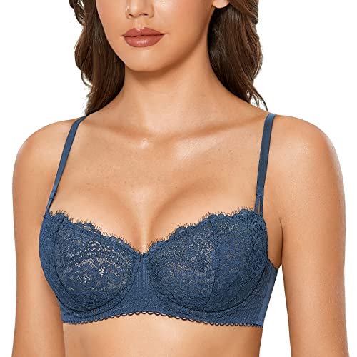 Image of DOBREVA Women's Sexy Lace Push Up Plus Size Bra Sheer Balconette Underwire Unlined