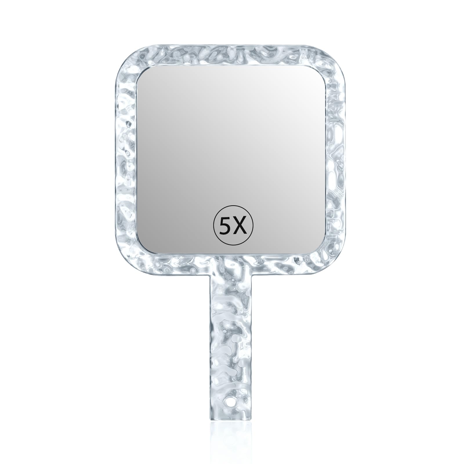 YEAKE Specchio a mano, doppio lato, con ingrandimento 1X/5X, con manico per trucco, specchio da barba con foro per appenderlo, acrilico, 15,5 cm di larghezza x 25,4 cm di lunghezza, forma quadrata,