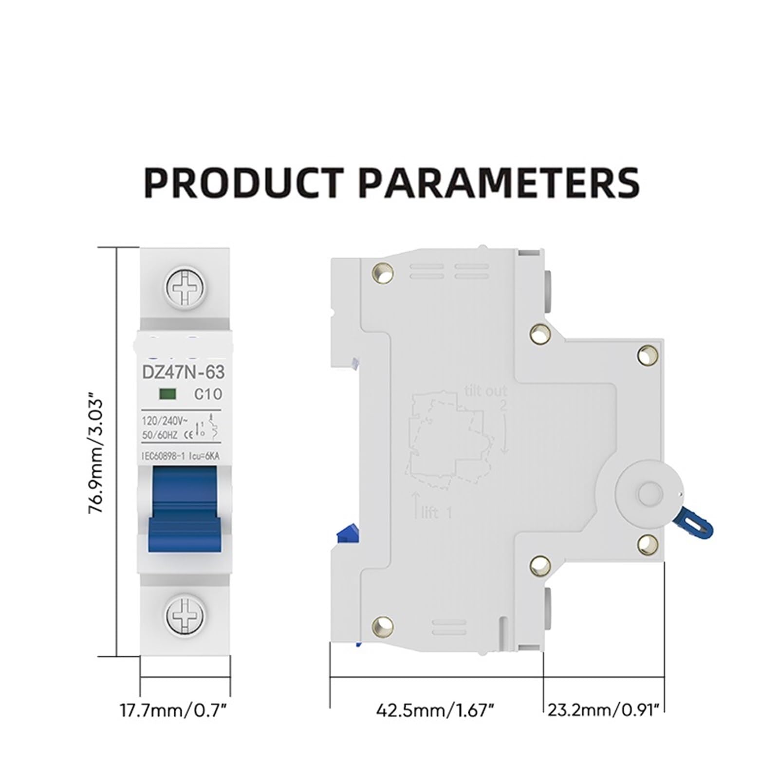 Interruttore automatico in miniatura CA 2 pezzi 1 polo 6A-63A 120/240V sgancio magnetico termico montaggio su guida DIN(10A 2pcs)